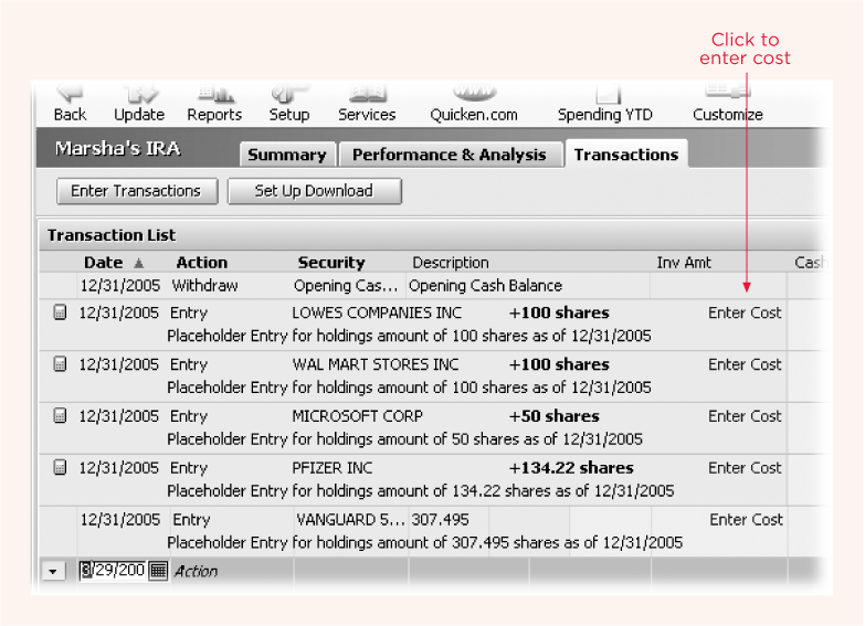 Placeholder entries show the security, the date purchased, and the number of shares. Click Enter Cost to fill in the missing information.