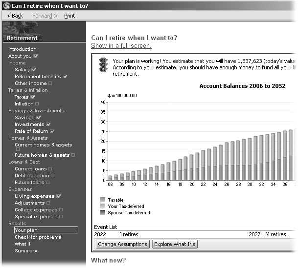 Step through the Retirement Planner wizard to tell Quicken about your plans for the future. The program figures out whether you’ll have enough to last and lets you tweak values until you have a plan that works.