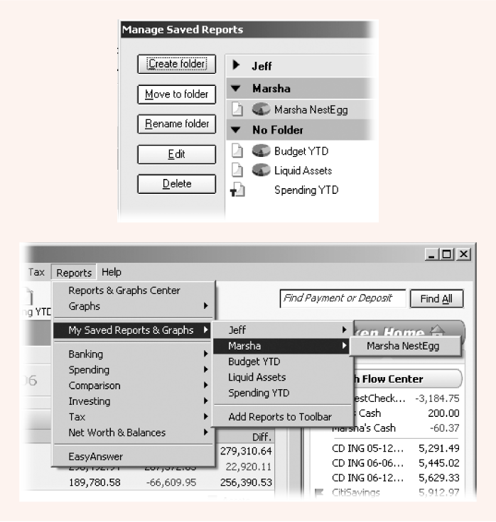 Top: Create and rename folders to categorize the reports you save. In the Manage Saved Reports dialog box, you can rename reports, delete obsolete ones, or move reports to a new and improved folder.Bottom: If you organize your reports with folders, you can quickly find the report you want.