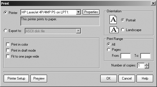 Select the Printer option and then, in the Printer drop-down menu, choose the printer to which you want to send the report. You can also choose page orientation, the pages to print, the number of copies, whether to print in color, and a few other options.