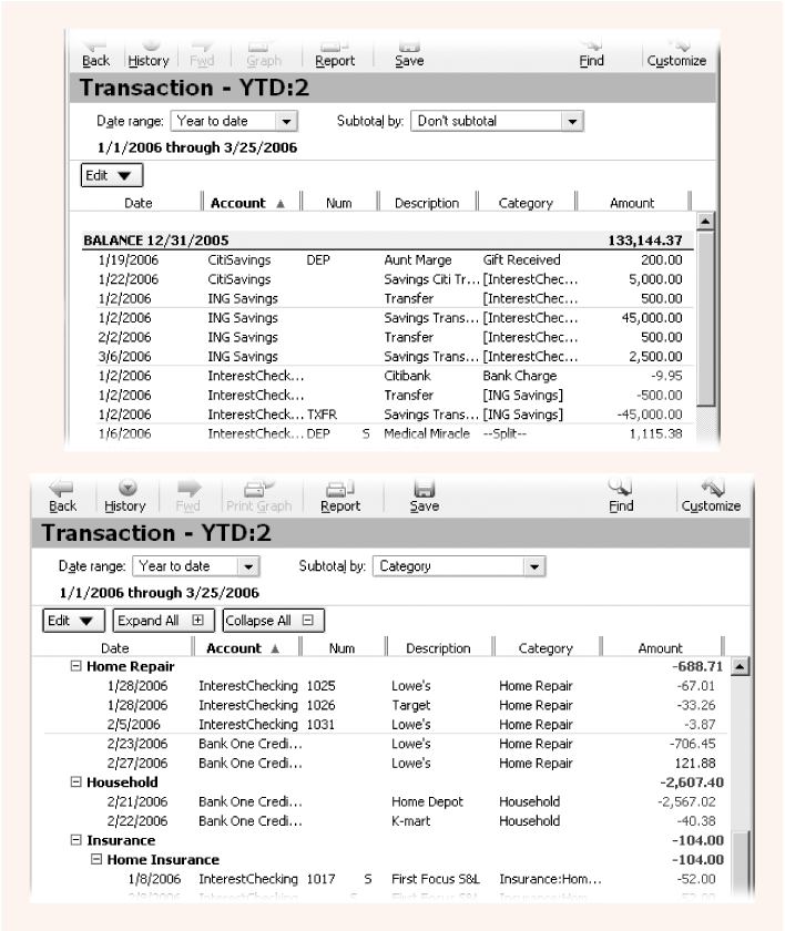 Top: Without subtotaling, Quicken displays report results in chronological order.Bottom: By subtotaling results (by subcategory in this case), you can see how much you spent in different categories, or how much you earned from different investments.