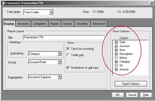 In some reports, you can turn columns on or off by clicking their checkboxes. If you can’t modify the columns in a report, the Show Columns section is conspicuous by its absence.