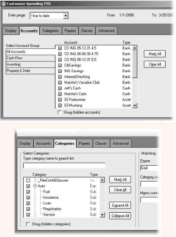 Top: Choosing accounts to include is a common change to reports. You can turn individual accounts on and off, or turn all accounts on and off at once.Bottom: Choosing categories is a great way to pinpoint trouble spots in your spending or find specific transactions.