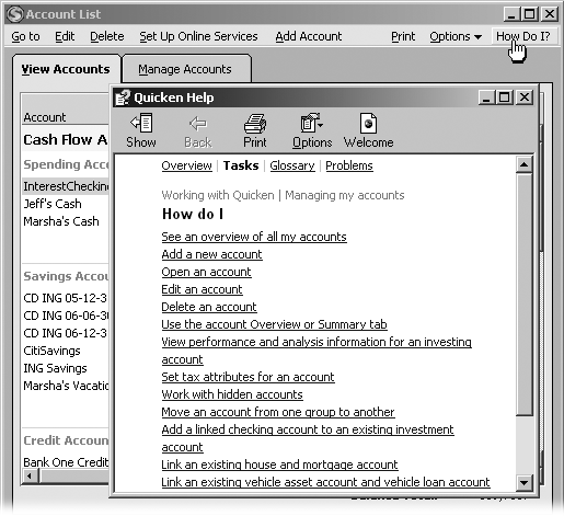 Choosing How Do I? in a window menu bar lets you choose from a number of related help topics.