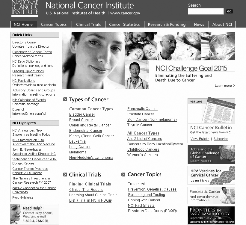 The National Cancer Institute groups items within the page