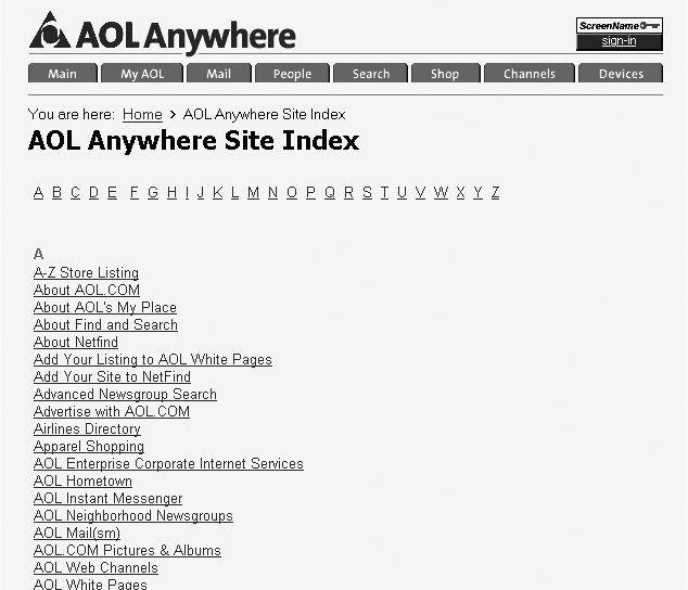 AOL’s simple but useful alphabetical site index