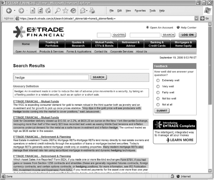e*Trade bolds the search query, and highlights its surrounding sentence to show its context