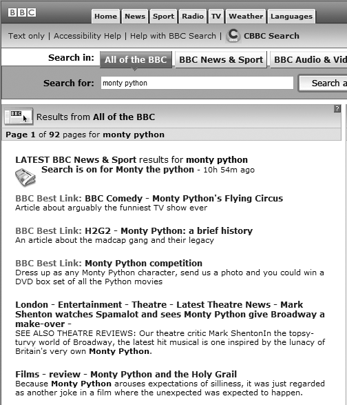 A search of the BBC site retrieves a set of manually tagged documents as well as automatic results; the recommendations are called “Best Links” rather than “Best Bets” to avoid gambling connotations