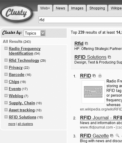 Clusty contextualizes search results for the query “RFID”