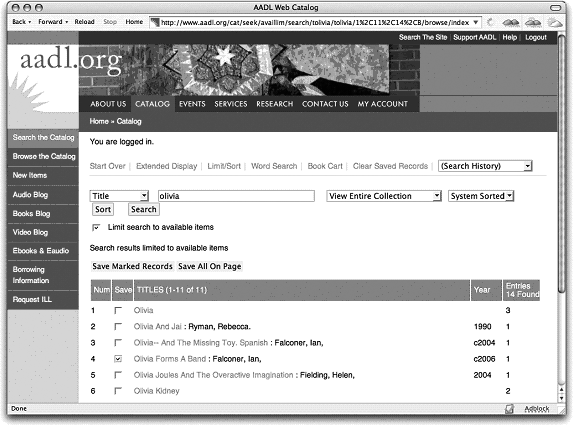 The Ann Arbor District Library catalog enables users to select a few records to “save”