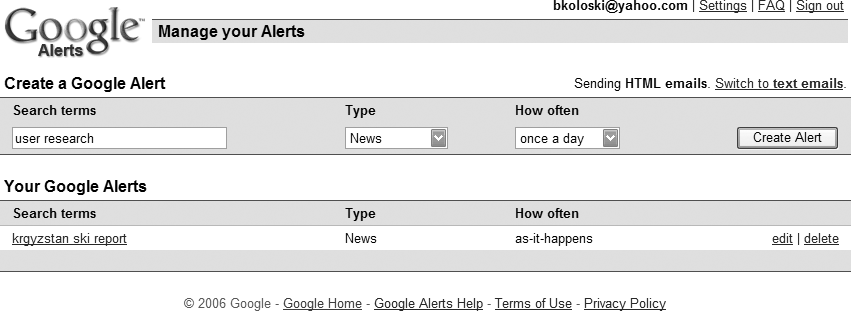 Monitoring queries using Google Alerts; results can be delivered via RSS or Atom feeds, as well as email