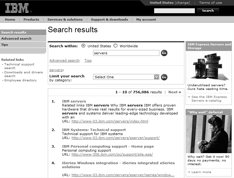 IBM’s search results provide ample opportunities to revise your search