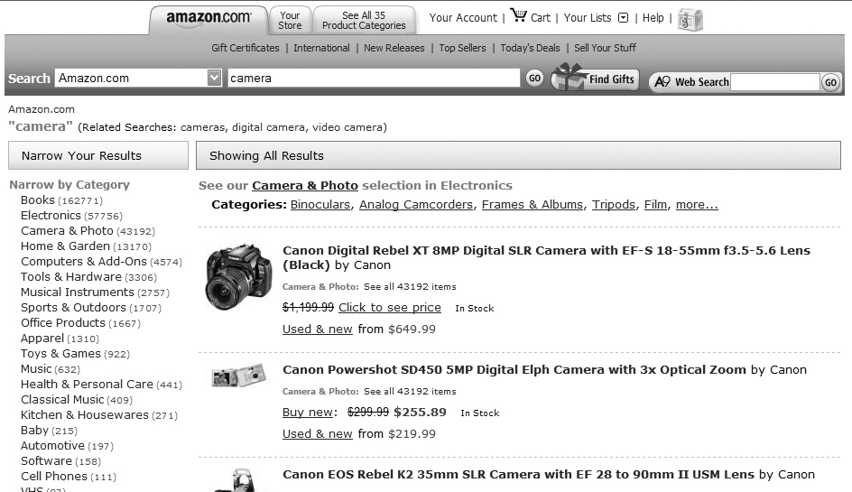 Searching leads to browsing: a search for “camera” retrieves categories as well as documents