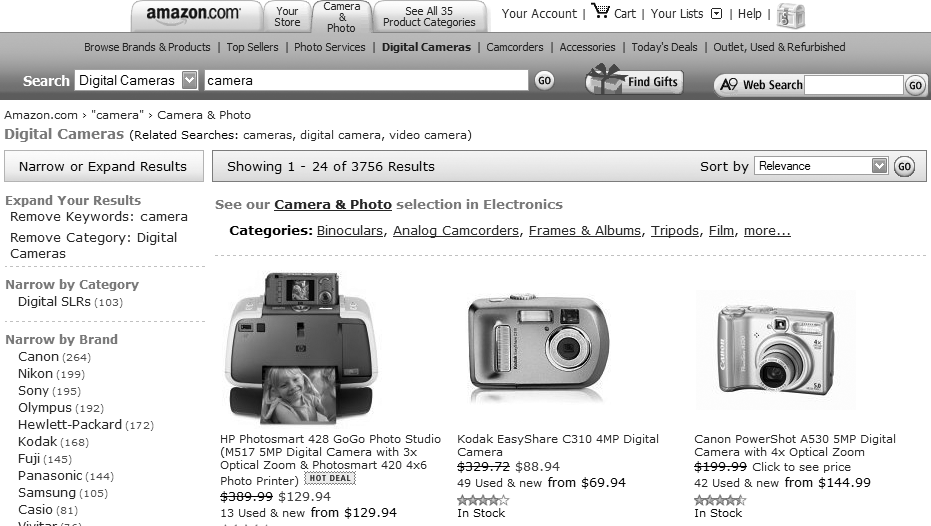 while browsing leads to searching: navigate to the “Digital Cameras” section, and you’ll find the search box set to search that zone