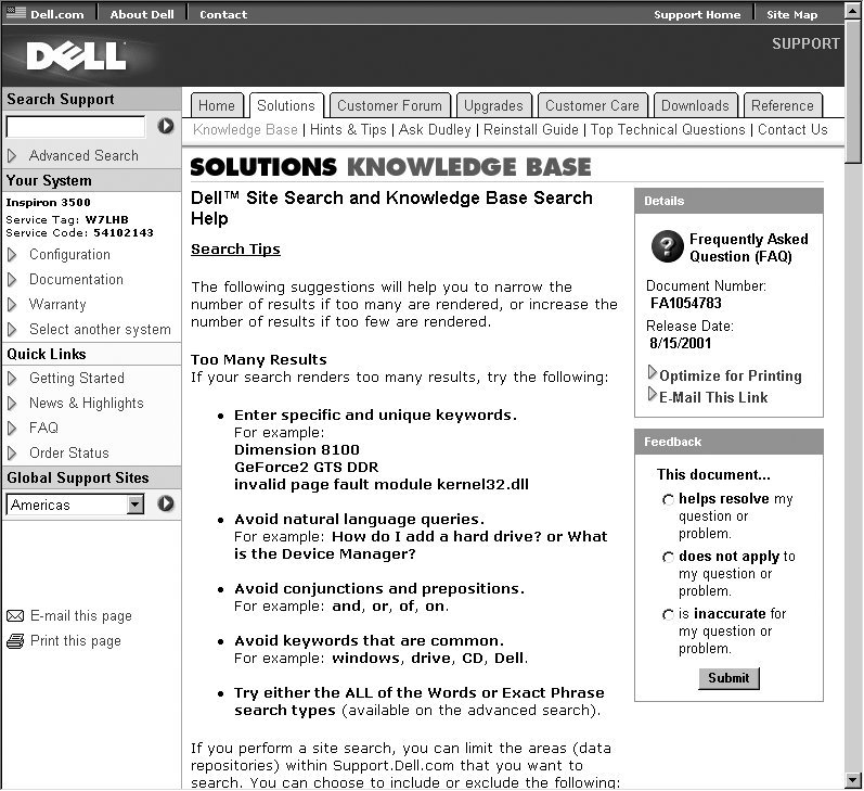 Dell’s tech-support help page provides advice on how to deal with too many results