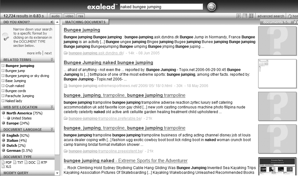Exalead allows users to search within their result set
