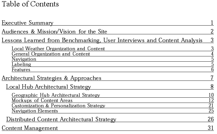 Table of contents for the Weather.com strategy report