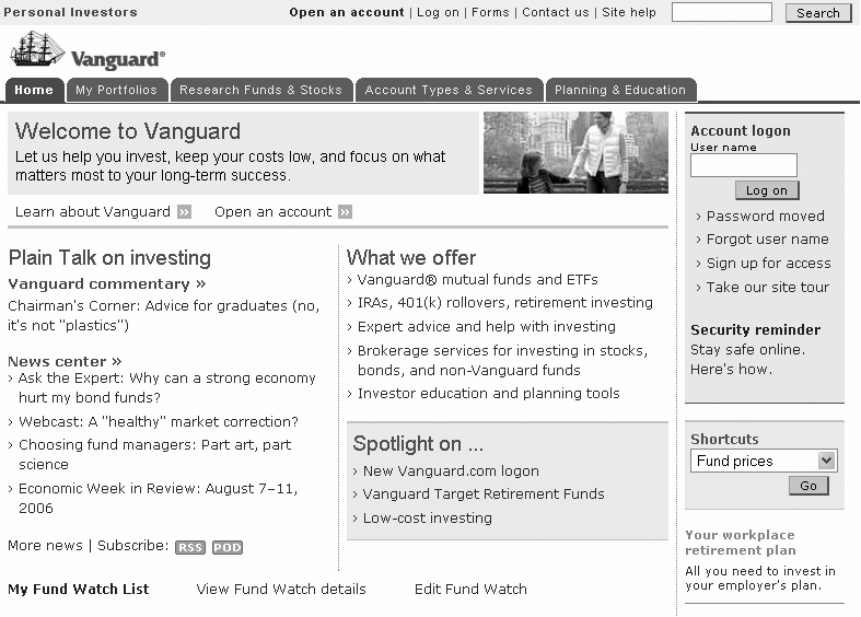 Main page of the Vanguard web site
