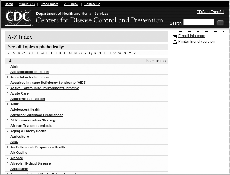 The Centers for Disease Control’s specialized index on health topics