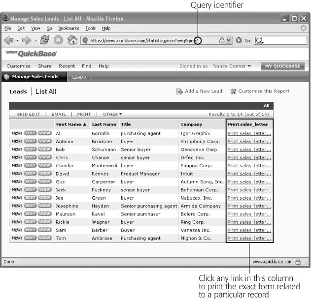 To save your exact form, QuickBase creates a new field for each record, displaying this field in the Print <Exact Form Name> column of the table where you saved the form. To see how the form will look with the details from a record filled in, click any link in that column. The query identifiers (quids), exact forms andidentifiersqueryquery identifier (qid, circled) helps you print out exact-form documents for all records in the table—see .