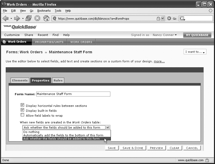 Form Builder’s Properties tab lets you set the properties of your custom form: You can display horizontal rules between sections to visually organize a long form. You can display or hide the built-in fields usually found at the bottom of forms. (These fields show when a record was created, its owner, and who last modified it and when.) You can use automatic text wrapping to make long field names look neater. And finally, you can tell QuickBase what this form should do when someone adds a new field to its table.