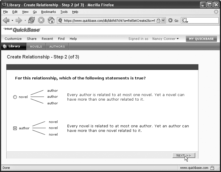 QuickBase uses diagrams to help you understand the master table–details table relationship. In a one-to-many relationship, the master table is the table in which one record can relate to many records in the other table (the details table). One author can write many novels, so the Authors table is the master table and the Novels table is the details table.