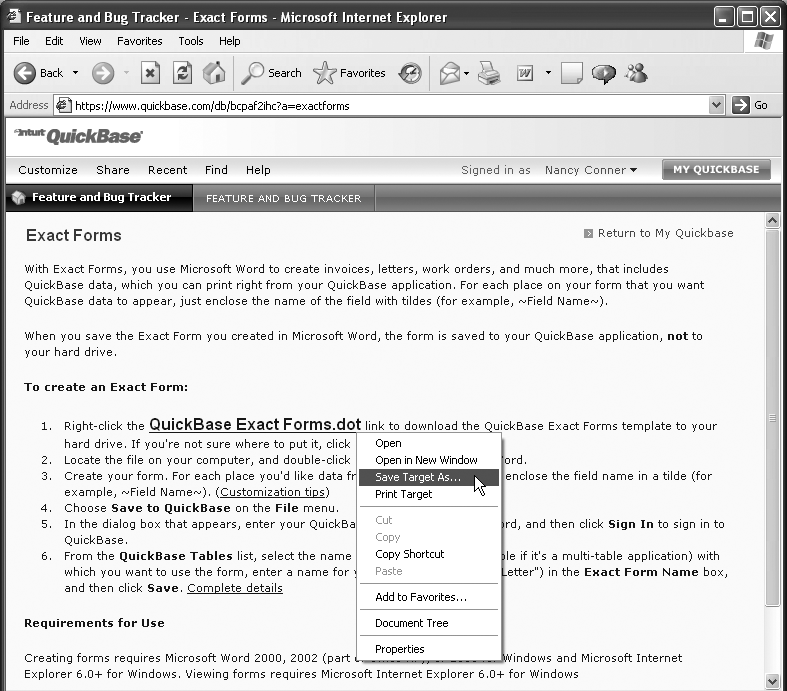 Right-click the QuickBase Exact Forms.dot link, and you can choose Save Target As to download the template and store it on your computer.