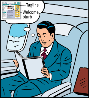 Cartoon shows a professional sitting in a plane and reading a book, a thought bubble shows a webpage. In the page, a welcome message is shown labeled "Welcome blurb" and a slogan below the site ID labeled "Tagline."