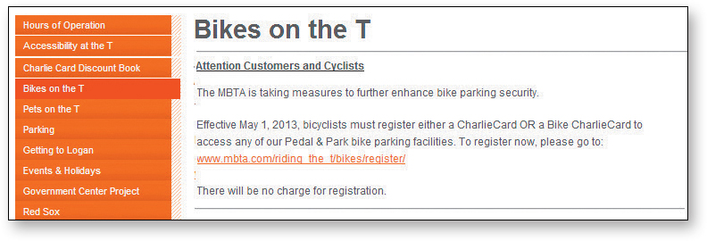 Screenshot of a webpage shows Bikes on the T highlighted in the navigations listed on the left. In the content, title shown reads Bikes on the T.