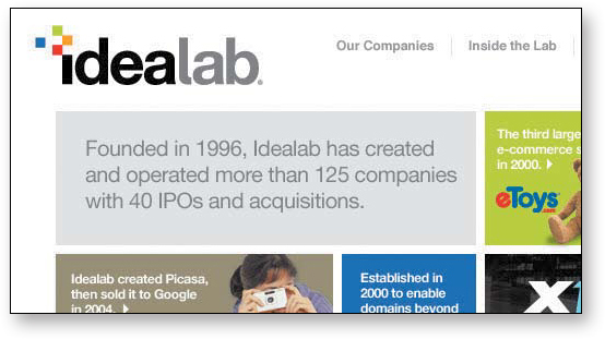 Webpage of Idealab displays the following site description in the content space: Founded in 1996, Idealab has created and operated more than 125 companies and 40 IPOs and acquisitions. Idealab created Picasa, then sold it to Google in 2004. Established in 2000.