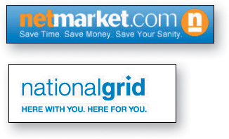 2 webpages with site IDs "netmarket.com" and "nationalgrid" are shown. The taglines are "Save Time. Save Money. Save Your Sanity," and "HERE WITH YOU. HERE FOR YOU" respectively.