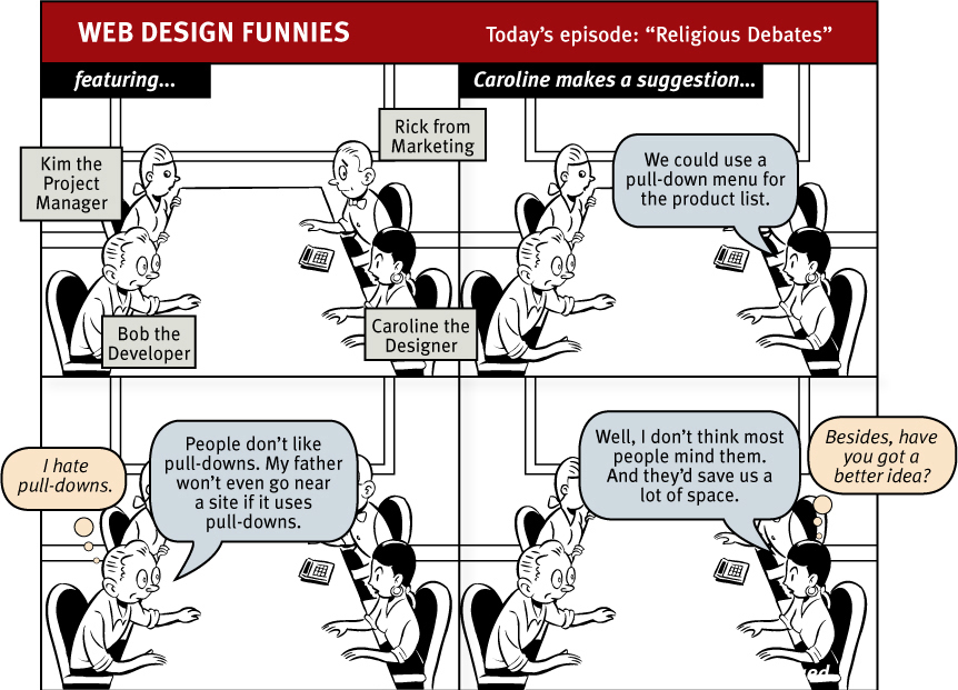 A comic strip is shown with the strip titled Web Design Funnies at top left and labeled Todays episode: Religious Debates at top right.
