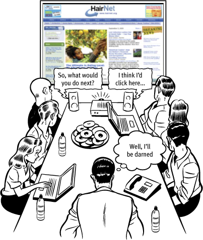 Cartoon shows a group of six people (observers) and a facilitator, sitting around a conference table and doing usability testing. On the projector screen in front of them, a website www.hairnet.org is displayed.