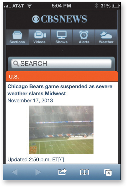 A mobile screenshot titled CBS NEWS is shown. Sections tab at the top is selected. A news heading is displayed with a photo below the heading.