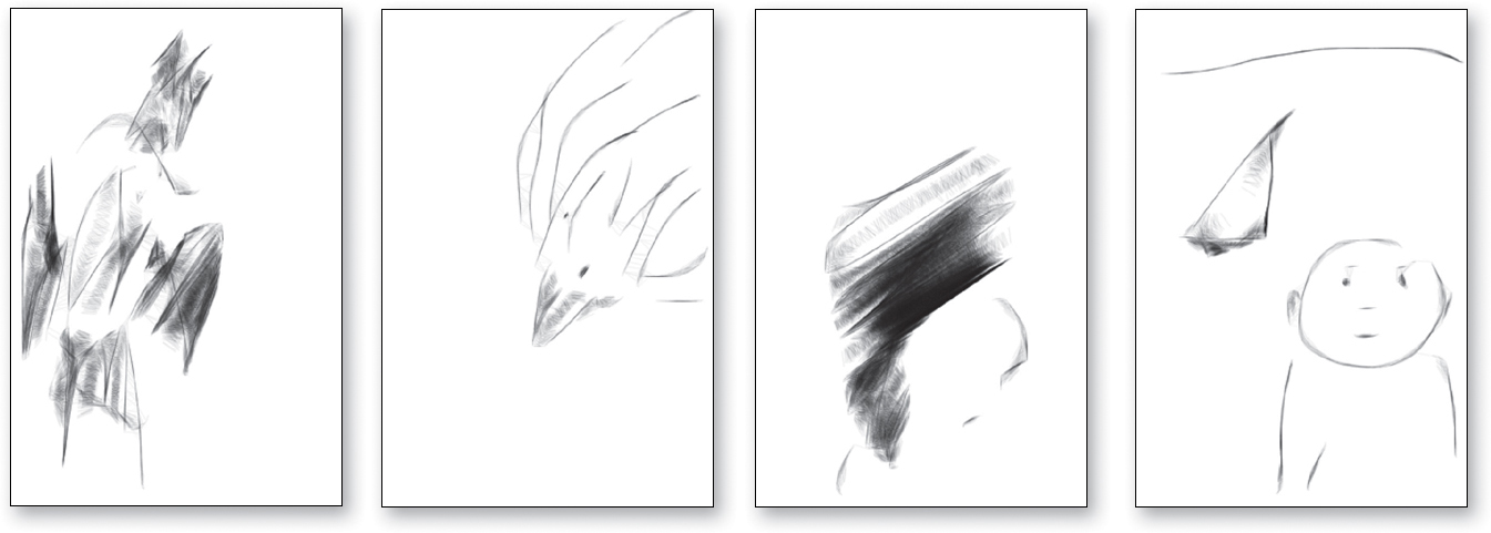 Four drawings are shown from left to right with the drawings in the form of pencil-shading.