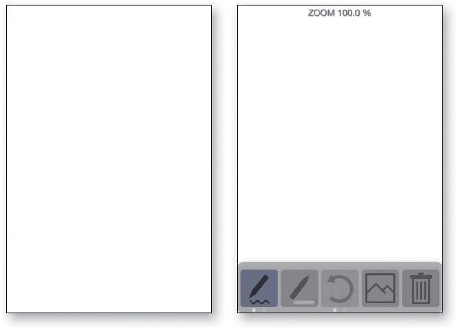 A plain screen is at left with another screen at right. In the screen at right, Zoom 100.0% is displayed at top and five drawing tools are displayed at bottom with a tool at left selected.