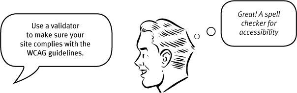 A speech bubble on the left reads Use a validator to make sure your site complies with the WCAG guidelines. On the right, a thought bubble above a person reads, Great! A spell checker for accessibility.