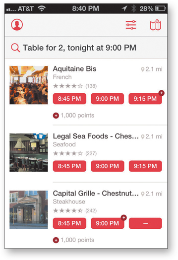 Screenshot shows how to reserve a table in a restaurant using a mobile in a short time. In the screenshot, few restaurants are listed with their available timings.