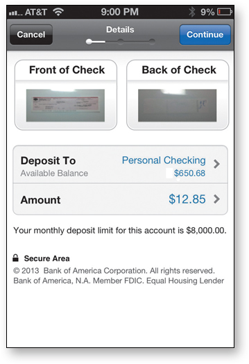 Screenshot expalains how to deposit a check using a mobile.