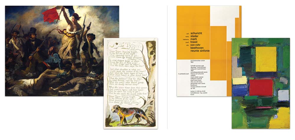 Four pieces of artwork, including two paintings, Liberty Leading the People by Eugène Delacroix and The Gate by Hans Hoffmann, and two print designs