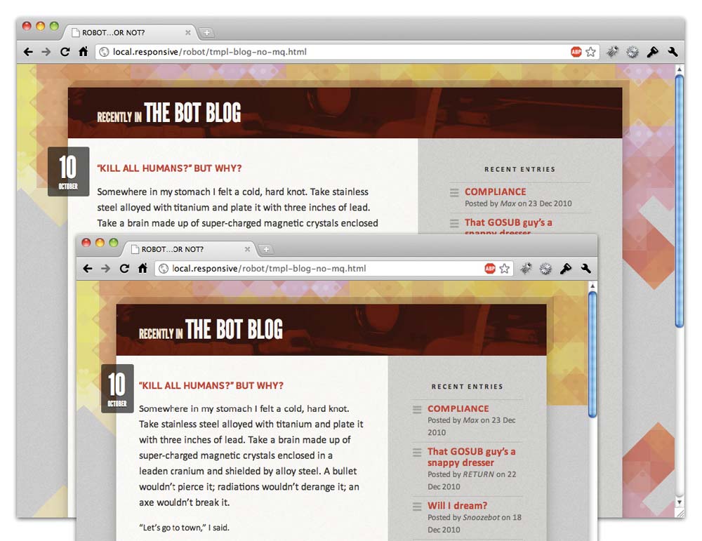 Two screenshots of web browsers at different widths demonstrating resizing