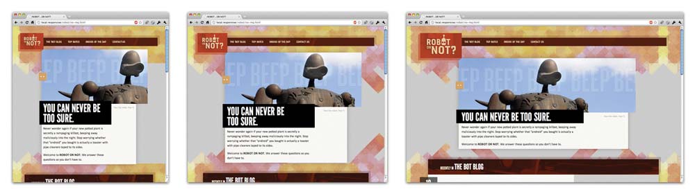 Three screenshots of a design at different browser widths