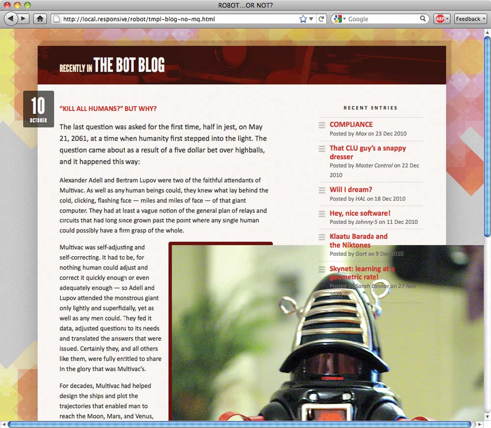 Screenshot of a web browser showing the large image of a robot breaking the design