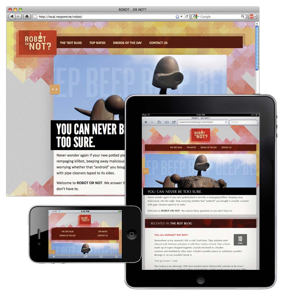 Three images of the design at web browser, tablet, and phone width