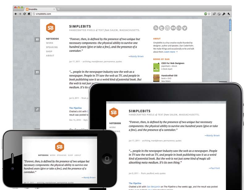 Three images of the Simplebits design on a web browser, tablet, and phone-sized screens