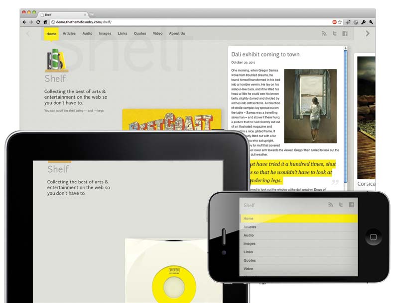 Three images of the Shelf blog theme on web browser, tablet, and phone-sized screens