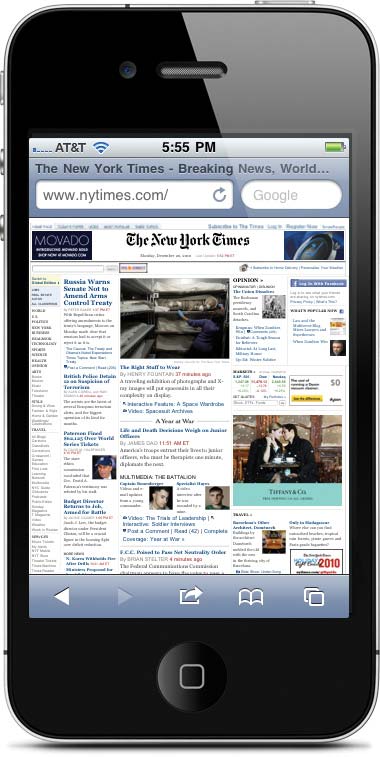 Screenshot of iPhone showing the New York Times home page at an unreadably-small font size