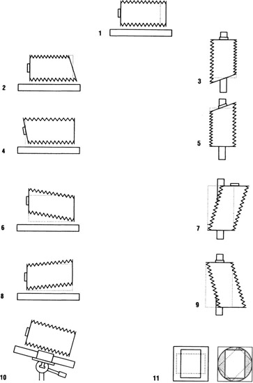 Figure 2-1 Basic view camera adjustments: (1) focusing, (2) back tilt, (3) back swing, (4) front tilt, (5) front swing, (6) front vertical shift, (7) front horizontal shift, (8) back vertical shift, (9) back horizontal shift, (10) pan-and-tilt head, and (11) reversible and revolving back.