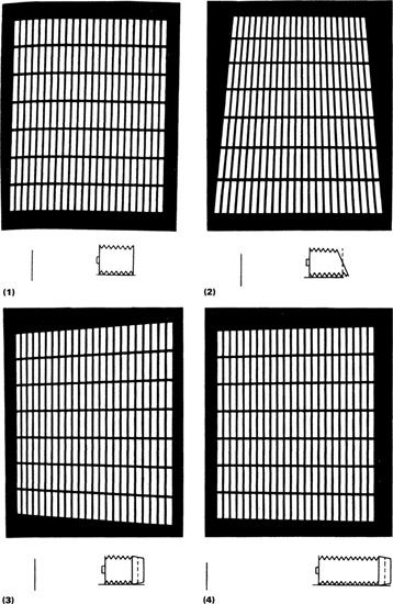 Figure 2-12 Inverted ground-glass images of a grid (1) with the camera back parallel to the grid, (2) with the top of the back tilted forward, (3) with the left side of the back swung forward, and (4) with the back swung at the same angle as in the preceding photograph but with a longer focal length lens and greater object distance.
