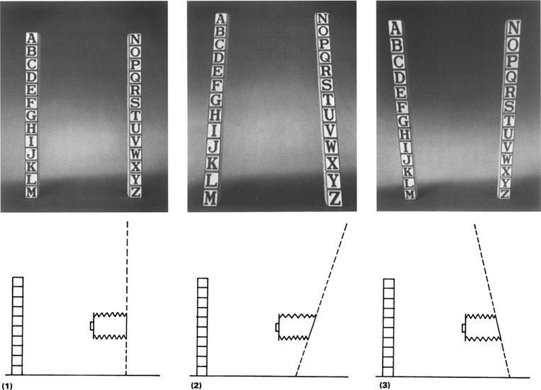 Figure 2-13 Photographs made with the camera level and (1) the back parallel to the subject, (2) the top of the back tilted away from the subject, and (3) the top of the back tilted toward the subject.